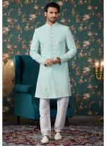 Art Silk Pista Green Groom Wear Thread Work Readymade Sherwani